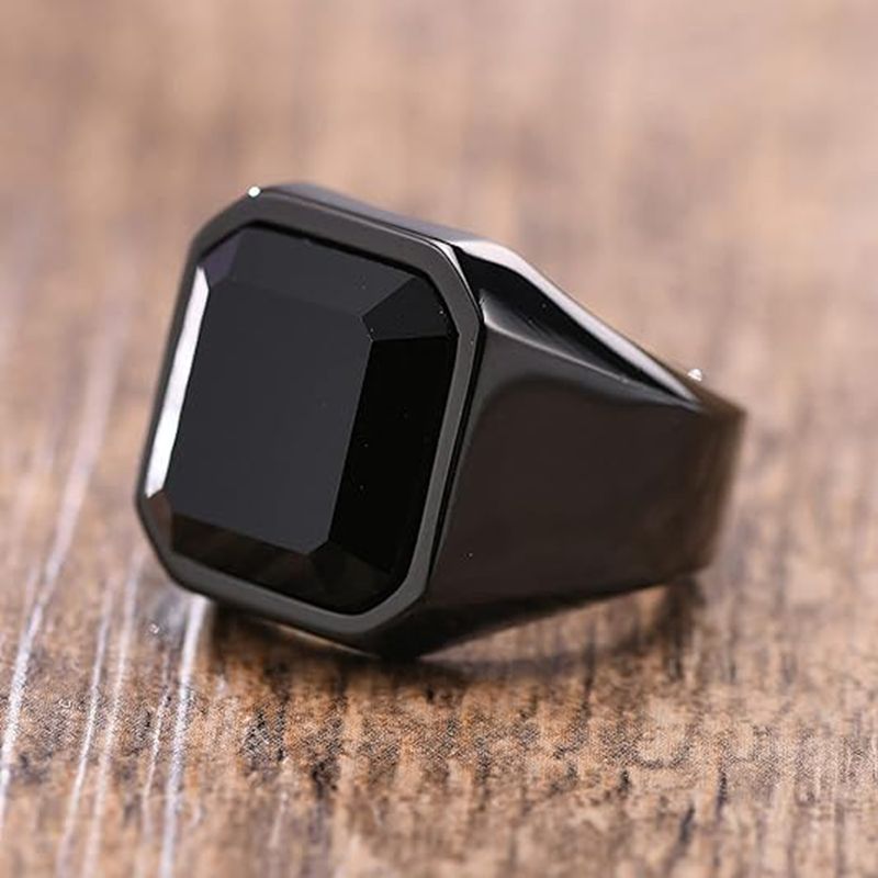 Signet Ring Men - 男リング黒カーネリアンシグネットリングステンレス鋼スクエアピンキーリング紳士富と豊かなステータスジュエリー