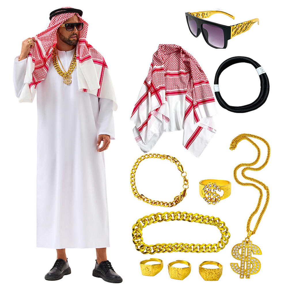 Men Accessories Uae - アラビアのドバイコスチュームUAEシェイクコスプレローブターバンアクセサリーセットアラビア王子砂漠プリム祭ハロウィン仮装衣装