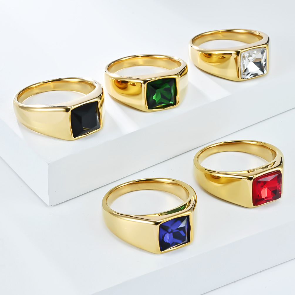 Signet Ring Men - ステンレス鋼のシャイニージルコンスクエアジェムシグネットリング男性用ヴィンテージウェディング。婚約ジュエリー