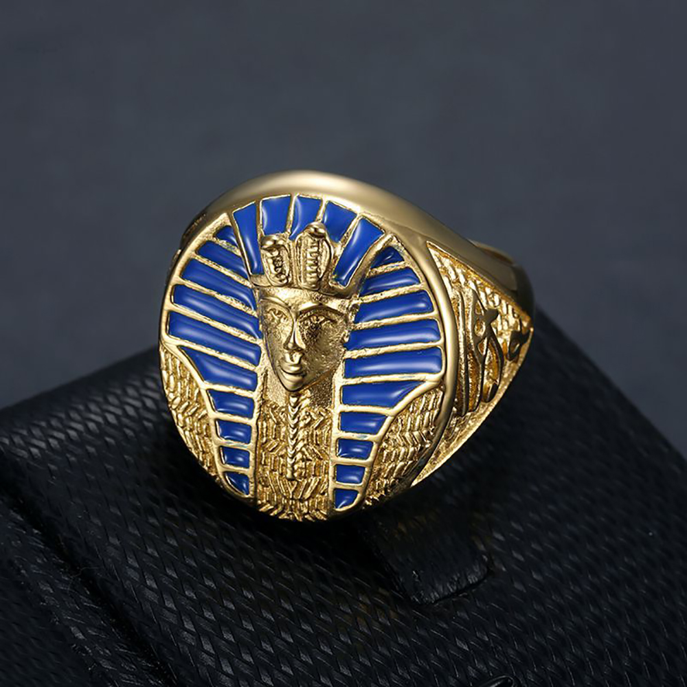 Signet Ring Men - ヒップホップロックゴールドカラーエジプトファラオリング男性用ボーイズ 316L ステンレス鋼シグネット指ラッパージュエリーギフトドロップシッピング