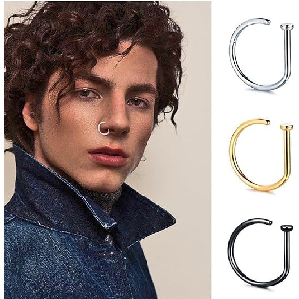 Men Accessories Earrings - 4個セット ノンピアス D型ノーズリング フェイクノーズカフ ステンレス製クリップオンノーズフープ パンクミニマリストフェイクピアスノーズジュエリー