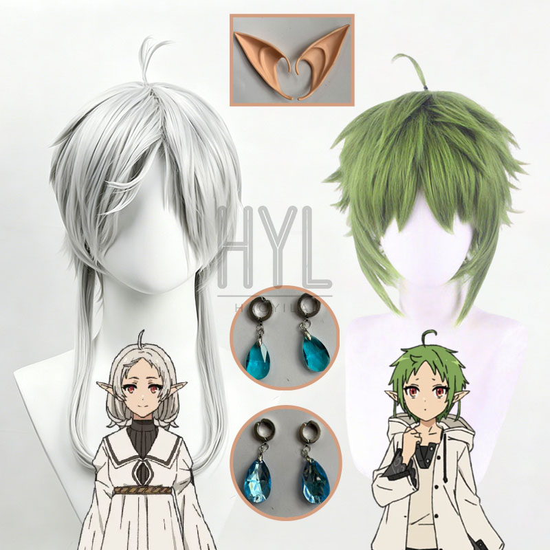 Men Accessories Earrings - アニメシルフィエットコスプレウィッグ緑と白のショート人工毛エルフ耳イヤリング女性男性用ハロウィン仮装パーティー小道具