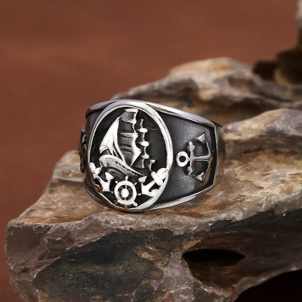 Signet Ring Men - ヴィンテージ航海北欧帆船海賊シグネットリングステンレス鋼アンカーホイールアミュレット男性用ストリートファッションジュエリー