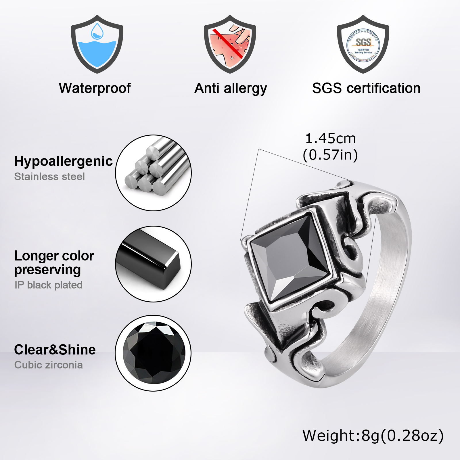 ヴィンテージブラックジルコンリング、男性用、女性用、ステンレ - Signet Ring Men のレビューと価格